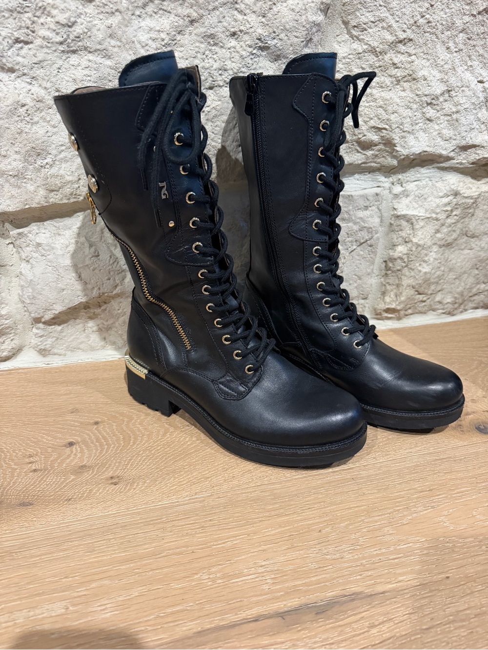 Nero Giardini Black Lace-Up Combat Boots with Gold Hardware